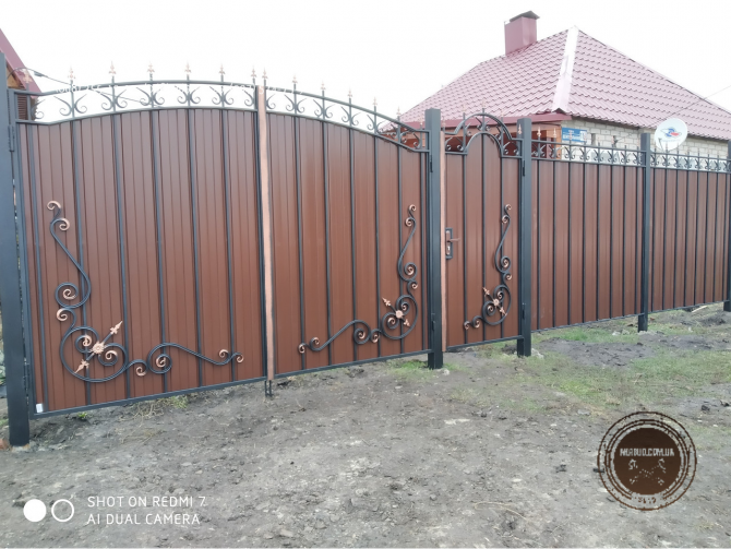 Ворота распашные кованые с профнастилом и калиткой Одеса - photo 6